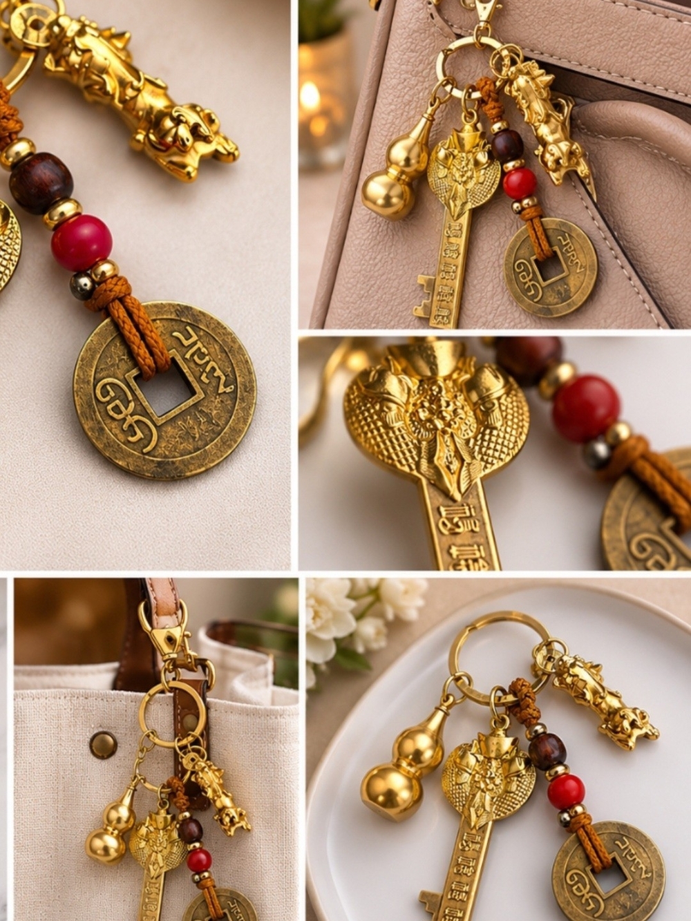 Gold-Tone Good Luck Charm Keychain/ Bag Charm with Red Bead Accent